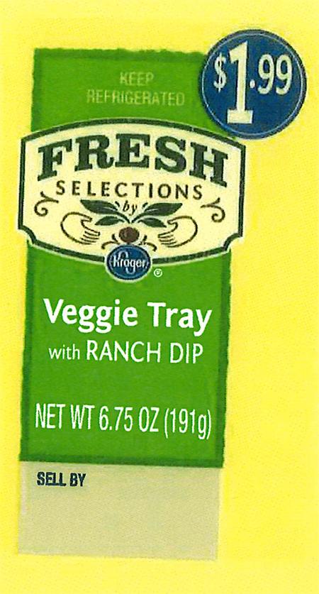 "Front and back labels: Fresh Selections by Kroger Veggie Tray with Ranch Dip"