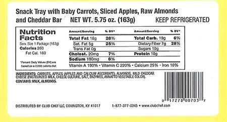 "Label: Club Chef LLC Snack Tray with Baby Carrots, Sliced Apples, Raw Almonds, and Cheddar Bar" 