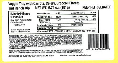 "Label: Club Chef LLC Veggie Tray with Carrots, Celery, Broccoli Florets"