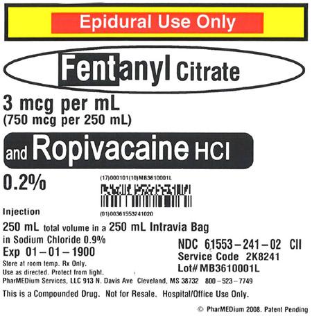 "3 mcg/mL Fentanyl Citrate and 0.2% Ropivacaine HCl (Preservative Free) in 0.9% Sodium Chloride"