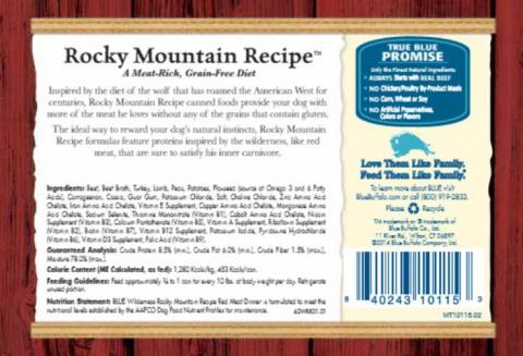 Back label - BLUE Wilderness Rocky Mountain Recipe Red Meat Dinner Wet Food for Adult Dogs 12.5 oz. can