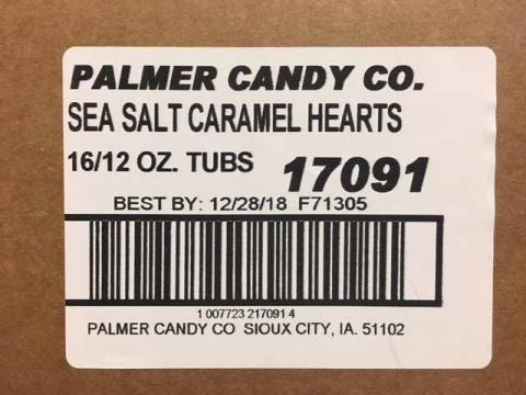 Case Label, Palmer Candy Co. Sea Salt Caramel Hearts