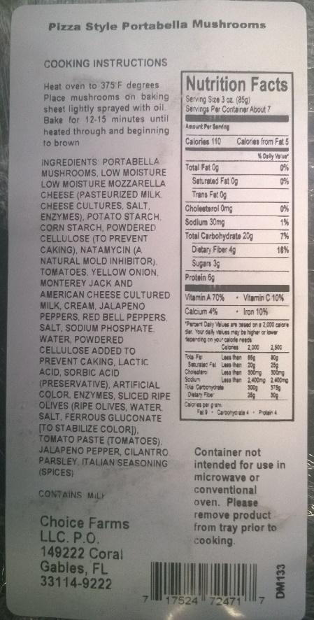 Pizza style Portabella Mushrooms, (2 count tray, 8 oz.), nutrition facts panel