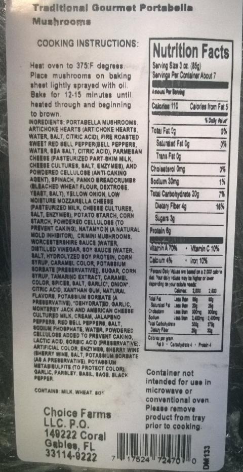 Traditional Gourmet Portabella Mushrooms, (2 count tray, 8 oz.), nutrition facts panel