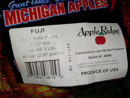 Representative FUJI Bag Label:  Apple Ridge, Distributed by Jack Brown Produce, Inc. Sparta, Michigan 49345, PRODUCE OF USA