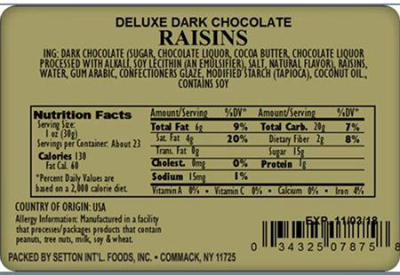 Back Label – Setton Farms Deluxe Dark Chocolate Raisins 24 oz.
