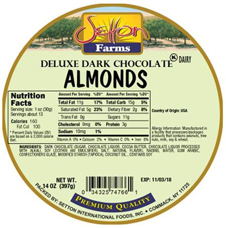 Round Label - Setton Farms Deluxe Dark Chocolate Almonds 14 oz.