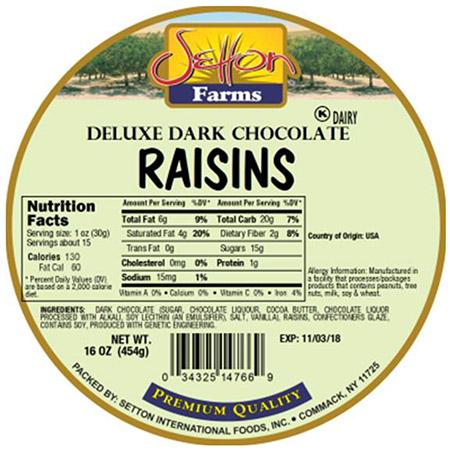 Round  Label – Setton Farms Deluxe Dark Chocolate Raisins 16 oz.