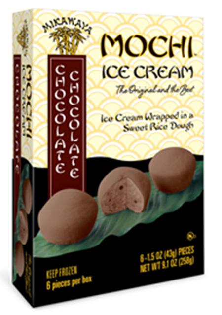 Product label, Mikawaya Mochi Ice Cream Chocolate Chocolate, 6 pieces per bos, 6-15 oz