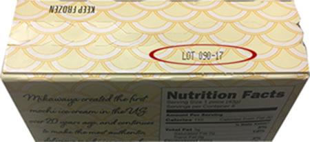 Mikawaya Chocolate Chocolate Mochi Ice Cream Product label, top lid showing location of lot number 