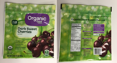 Organic Great Value Dark sweet cherries, pitted (front and back label), Net wt. 32 oz